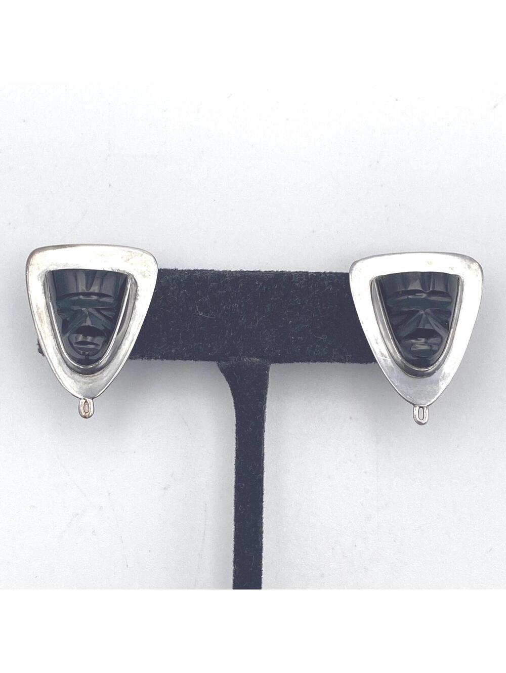 Vintage Sterling Silver Onyx Mask Screw Back Earrings, Tribal Boho Style